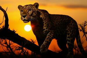 A leopard emerges at daybreak, blending with the sunrises colors AI Generated photo