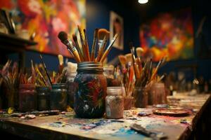 Brushes and paint tubes create a vibrant atmosphere in the studio AI Generated photo