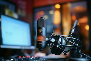 radiodifusión herramienta micrófono en un radio estación, capturar voces elocuentemente ai generado foto