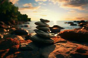 Calm seas, vibrant sunset, and rocky beach, a tranquil paradise AI Generated photo