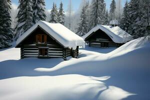 Cabin in the snow A wooden hut in a winter wonderland AI Generated photo