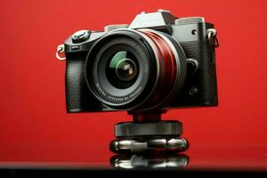 Capture your blog content with a camera on a red tripod AI Generated photo