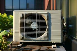 Buildings cooling system outdoor AC unit with condenser coil AI Generated photo