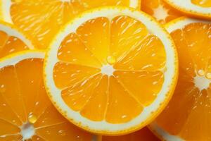 Close up capture Juicy orange slice stands out on vibrant background AI Generated photo