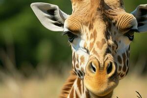 Close up giraffe portrait, making eye contact from outside the house AI Generated photo