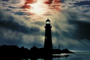 Coastal beacon, ocean backdrop Lighthouses silhouette graces serene seaside AI Generated photo