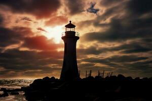 Coastal beacon, ocean backdrop Lighthouses silhouette graces serene seaside AI Generated photo