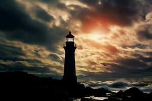 costero Faro, Oceano fondo faros silueta gracias sereno playa ai generado foto