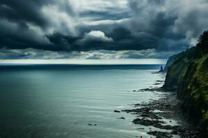 Coastal scene under gray skies, giving the sea a tranquil appearance AI Generated photo