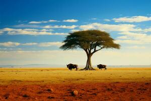 A solitary tree graced by a wildebeests presence in the wild AI Generated photo