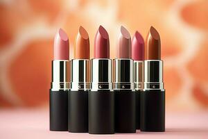 Cosmetics display Different matte lipstick shades, ideal for beauty content AI Generated photo