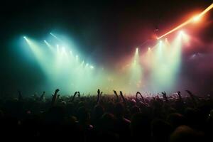 Crowds darkened figures at a concert, facing the vibrant stage AI Generated photo