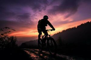 Cyclists traverse mountains at dusk, capturing the serene evening beauty AI Generated photo