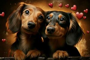perro tejonero dúo, ama abarcar, compartir un san valentin corazón conformado momento ai generado foto