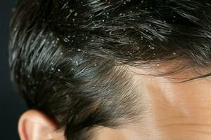 Dandruff visible in a tight frame of a mans hair strands AI Generated photo