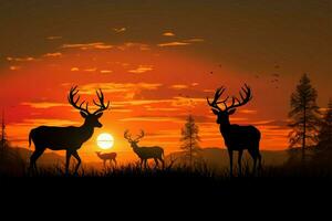 Deer silhouettes grace a radiant meadow, celebrating wildlife in nature AI Generated photo