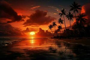 Dramatic seascape Coconut palm and vivid sunset in tropical illustration AI Generated photo