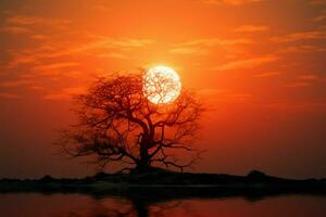 Dusks abstract charm Small sun, tree silhouette, tranquil summer sky AI Generated photo