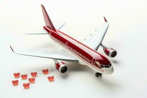 A symbol of wanderlust airplane model and red hearts on white AI Generated photo