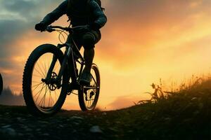 Evening cyclists on mountain bikes, promoting travel and fitness concepts AI Generated photo