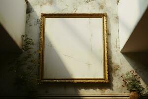 A vintage frame mockup graces the clean canvas of an art gallery wall AI Generated photo