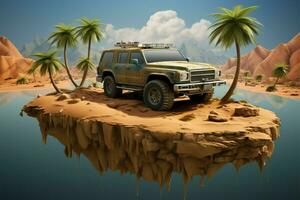 Exquisite 3D desert illustration featuring off road and tropical palms AI Generated photo