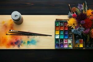 Flat lay of artists tools, watercolors, brushes on a wooden table AI Generated photo