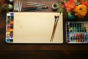 Flat lay of artists tools, watercolors, brushes on a wooden table AI Generated photo