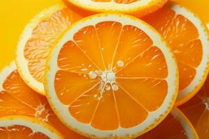 A vivid slice of orange fruit showcased on a colorful backdrop AI Generated photo