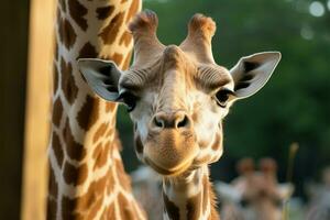 Giraffes up close portrait, observing you from the house window AI Generated photo