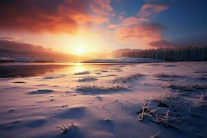 A winter sunset blankets the landscape in serene, ethereal beauty AI Generated photo