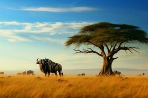 Graceful wildebeest stands near a solitary tree in the wilderness AI Generated photo