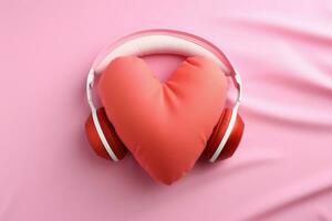 Heart pillow and headphones on pink background love songs podcast AI Generated photo