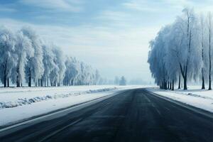 Highway journey through a snowy forest, natures frosty embrace AI Generated photo