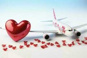 Luna de miel o viaje amante concepto avión modelo y rojo corazones ai generado foto