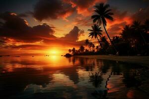 Illustration Dramatic sunset, coconut palm, and sea reflection on tropical beach AI Generated photo