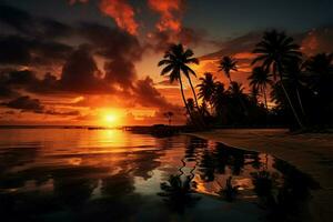 Illustration Dramatic sunset, coconut palm, and sea reflection on tropical beach AI Generated photo