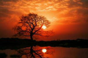 Abstract beauty in nature Small sun, tree silhouette, tranquil sunset AI Generated photo