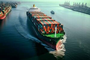 In the world of transportation, cargo ships fill with loaded containers AI Generated photo