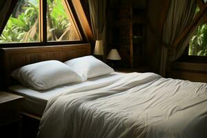 Lanna style bedroom with teak bed, inviting white bedding in wooden house AI Generated photo