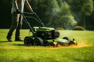 Lawn grooming A man takes care of the turf with care AI Generated photo