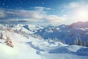 Majestic Carpathian Mountains in winter, a scenic landscape of slopes and valleys AI Generated photo