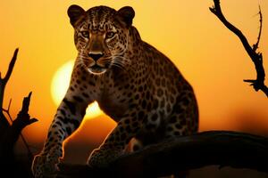 Majestic leopard in the golden glow of a stunning sunrise AI Generated photo