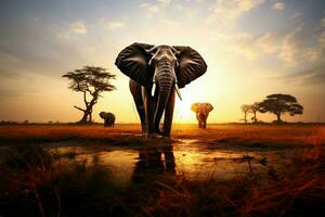 majestuoso elefante en silueta, enmarcado por el dorado matices de puesta de sol ai generado foto