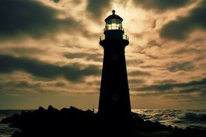 Maritime sentinel Silhouetted lighthouse stands tall against the seas horizon AI Generated photo