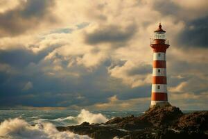 Maritime sentinel Iconic lighthouse watches over the endless, rolling waves AI Generated photo