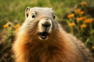 marmota día un marmotas retrato, anunciando clima predicciones con tradicion ai generado foto