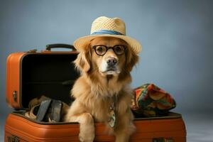 Adorable retriever poses with suitcase, ticket, hat, shades in studio AI Generated photo