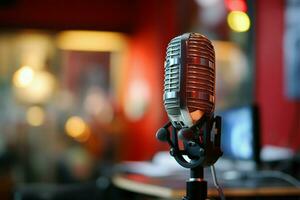 micrófono a el radio estación, tu voces poderoso Mensajero ai generado foto