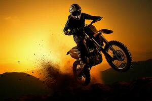 adrenalina bombeo motocross silueta con frente rueda levantado, acción lleno aventuras ai generado foto